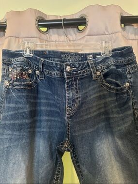 Miss Me Distressed Dark Blue Embroidered Boot Cut Jeans